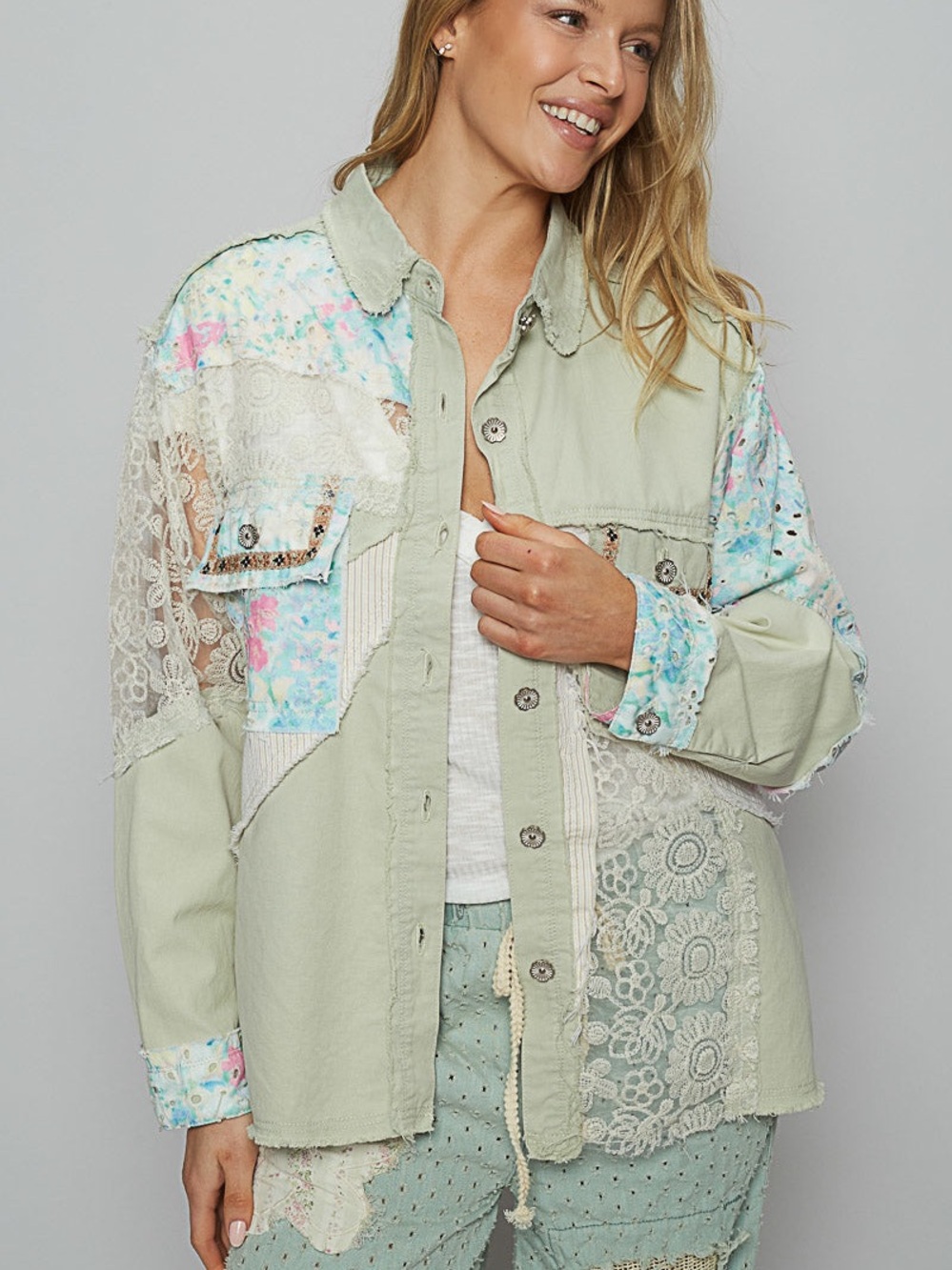 POL Romantic Sage Denim Patchwork Shacket with Floral Lace & Eyelet -NWOT-Sz M